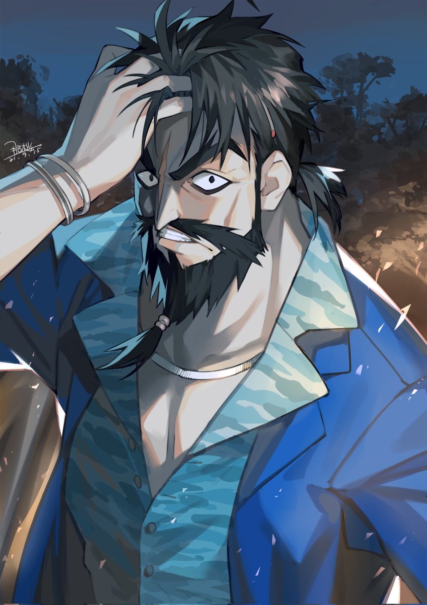 1boy beard black_hair blue_jacket clenched_teeth dated edward_teach_(fate) edward_teach_(midsummer_gentleman)_(fate) facial_hair fate/grand_order fate_(series) hand_in_own_hair hawaiian_shirt highres jacket male_focus nao_(syn_eaa) night scar scar_on_face shirt solo teeth twitter_username