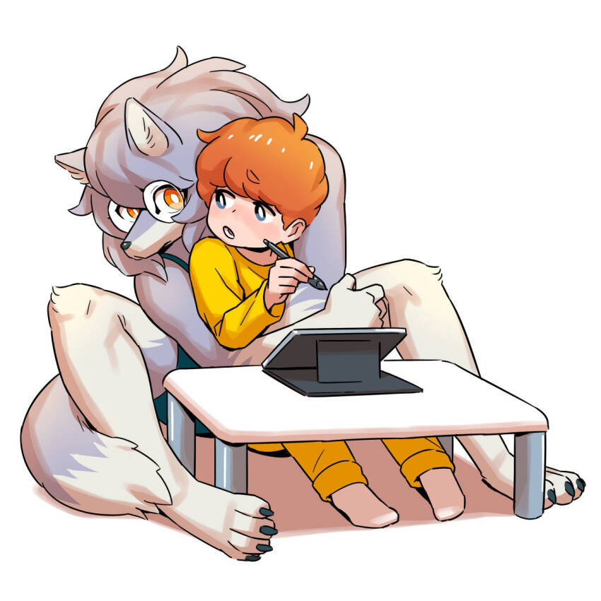 1boy 1girl blue_shorts blue_tank_top body_fur child claws claws. commentary dog_girl english_commentary full_body furry furry_female glasses grey_fur highres hug hug_from_behind orange_eyes orange_hair original round_eyewear shirai_keita short_hair shorts simple_background sitting stylus table tablet_pc tail tank_top white_background