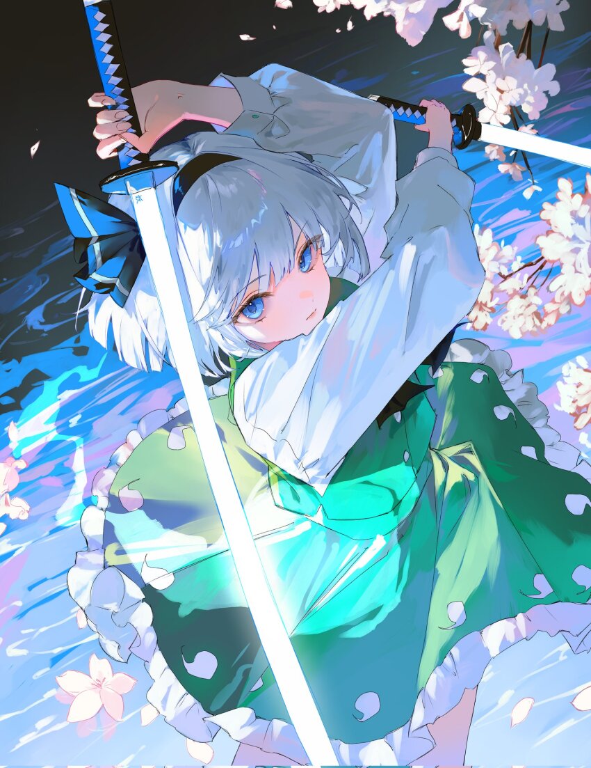 1girl 5swcf1iy8k31657 black_hairband blue_eyes cherry_blossoms dual_wielding green_skirt hairband highres holding katana konpaku_youmu shirt short_hair skirt solo sword touhou weapon white_hair white_shirt