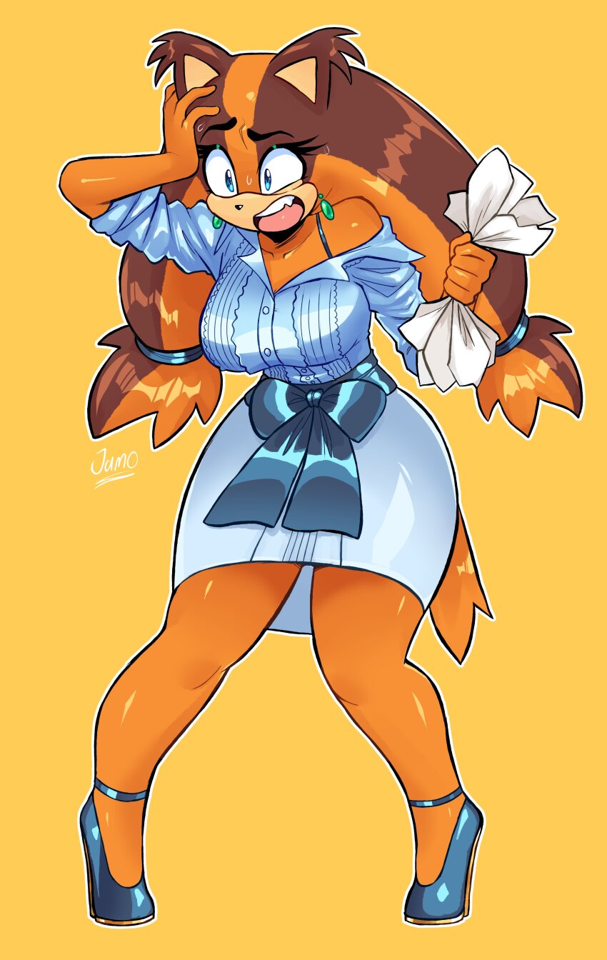1girl absurdres blue_eyes breasts curvy earrings female_focus full_body furry furry_female highres jamoart jewelry large_breasts long_hair secretary simple_background solo sonic_(series) sonic_boom_(series) sticks_the_badger sweat tail wide_hips