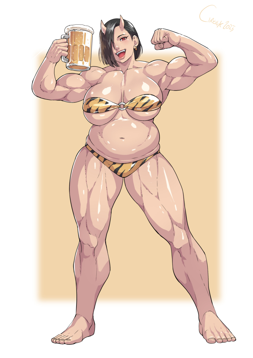 1girl 2023 absurdres animal_print artist_name beer_belly beer_mug belly breasts cirenk commentary commission cup earrings elf-san_wa_yaserarenai. english_commentary feet highres horns jewelry mug muscular muscular_female oga_(elf-san_wa_yaserarenai.) oni skin-covered_horns solo tiger_print toes