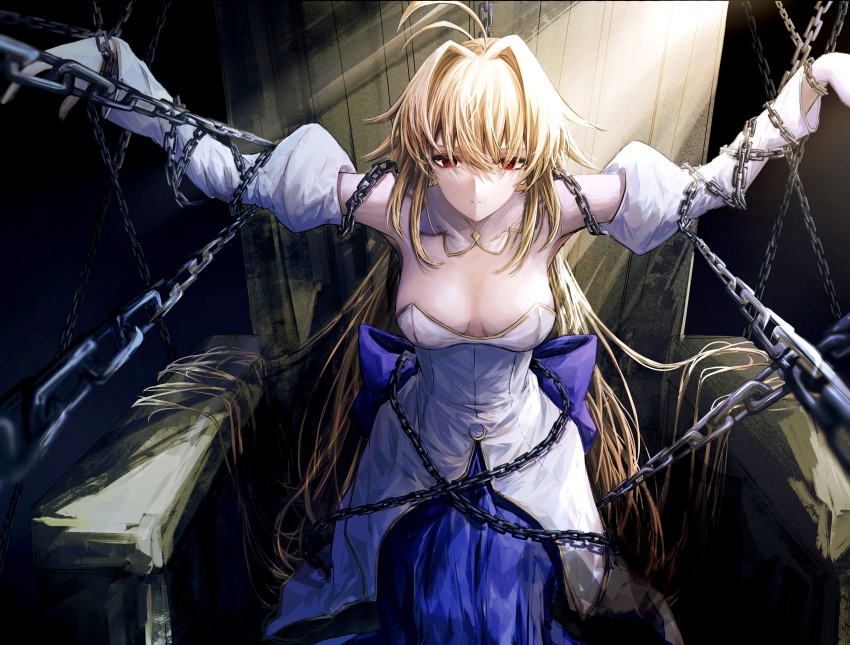 1girl absurdres antenna_hair archetype_earth arcueid_brunestud bare_shoulders blonde_hair blue_skirt bow breasts chain closed_mouth detached_collar detached_sleeves dress fate/grand_order fate_(series) hair_intakes highres long_hair long_skirt looking_at_viewer medium_breasts melty_blood multicolored_skirt princess_outfit puffy_sleeves red_eyes restrained sitting skirt solo strapless strapless_dress tsukihime very_long_hair white_dress wooden_chair yagi_(yagi5art)