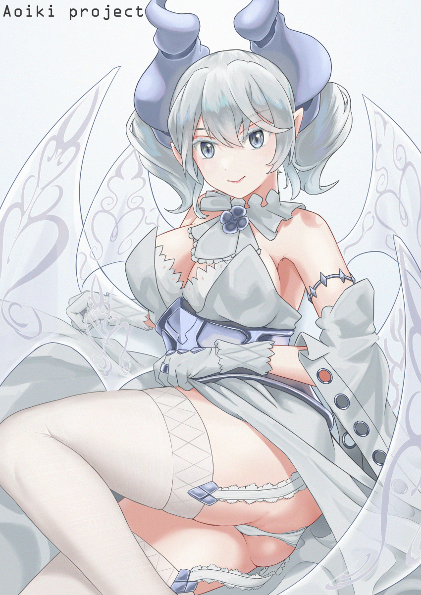 1girl absurdres armlet ass blush breasts cangmu_yuehua cleavage closed_mouth corset demon_girl demon_horns demon_wings detached_collar drill_hair duel_monster feet_out_of_frame gloves grey_background grey_eyes grey_hair hair_between_eyes highres horns jewelry large_breasts looking_at_viewer lovely_labrynth_of_the_silver_castle short_hair simple_background sitting smile thighhighs transparent_wings twin_drills white_gloves white_thighhighs wings yu-gi-oh!