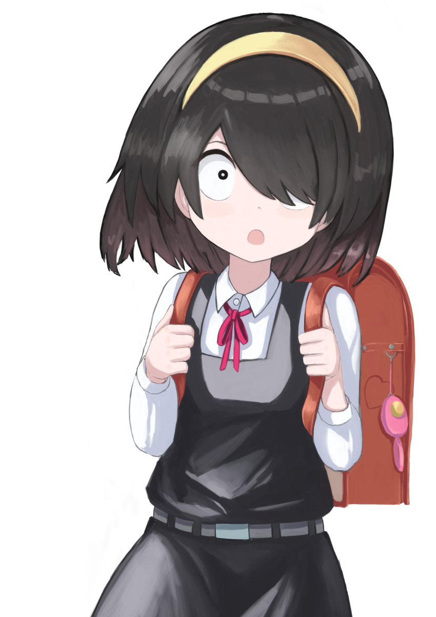 1girl :o backpack bag bag_charm black_hair black_skirt charm_(object) hair_over_one_eye hairband highres jijou_wo_shiranai_tenkousei_ga_guigui_kuru. long_bangs looking_at_viewer medium_hair nishimura_akane one_eye_covered randoseru school_uniform shirataki_yaen shirt simple_background skirt solo white_background white_shirt yellow_hairband