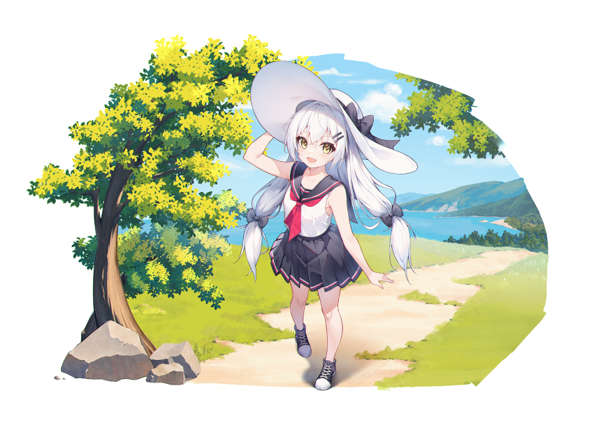 1girl aged_down black_bow black_footwear bow cloud commission forest ge_zhong_kuaile girls&#039;_frontline grass hairpin hat lake long_hair looking_at_viewer multiple_hairpins nature neckerchief outdoors path pixiv_commission pleated_skirt red_neckerchief road rock sailor_collar school_uniform serafuku shirt shoes skirt sleeveless smile standing sun_hat svd_(girls&#039;_frontline) tree very_long_hair white_hair white_headwear white_shirt yellow_eyes