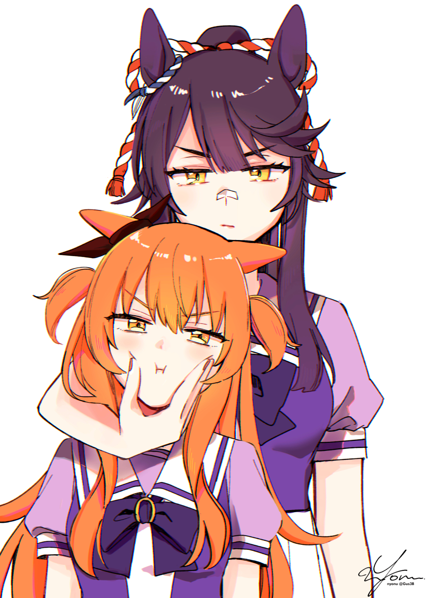 2girls :i absurdres animal_ears bandaid bandaid_on_face bandaid_on_nose blush bow bowtie cheek_piercing cheek_squash closed_mouth comiket_107 commentary_request completely_unamused ear_bow ear_ornament face_piercing highres horse_ears jitome kouhaku_nawa long_hair looking_at_viewer mayano_top_gun_(umamusume) multiple_girls narita_brian_(umamusume) orange_eyes orange_hair piercing ponytail pout puffy_short_sleeves puffy_sleeves purple_bow purple_bowtie purple_hair purple_shirt rope sailor_collar sailor_shirt school_uniform shimenawa shirt short_sleeves simple_background skirt straight-on tracen_school_uniform two_side_up umamusume unamused upper_body v-shaped_eyebrows white_background white_sailor_collar white_skirt yellow_eyes yonu_(yonurime)