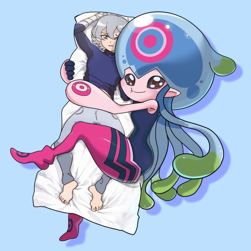 bandaged_arm bandages blue_eyes body_pillow daniel_uribe digimon digimon_(creature) digimon_ghost_game higashimitarai_kiyoshiro highres jellyfish_girl jellymon monster_girl pillow short_hair tentacle_hair tentacles white_hair