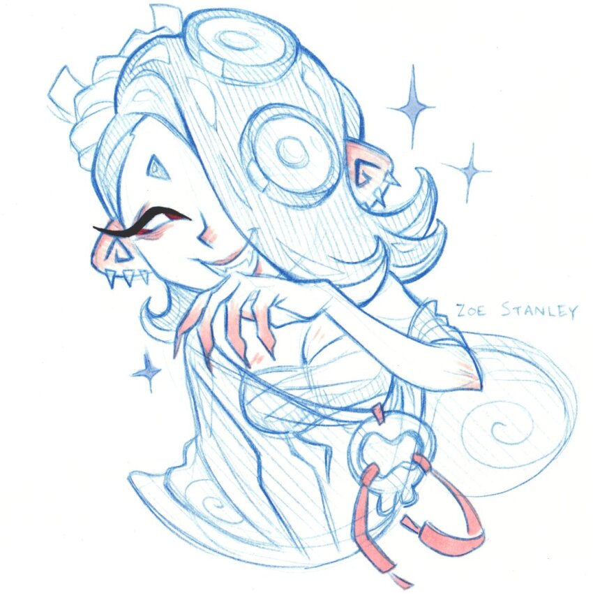 1girl 2024 arm_up artist_name bleedingpervert breasts chest_sarashi cleavage commentary cropped_torso ear_piercing english_commentary faux_traditional_media female_focus grin hair_over_one_eye large_breasts long_eyelashes long_hair nintendo piercing poncho red_eyes sarashi shiver_(splatoon) skull_ornament smile solo splatoon_(series) splatoon_3 spot_color tentacle_hair zoe_stanley