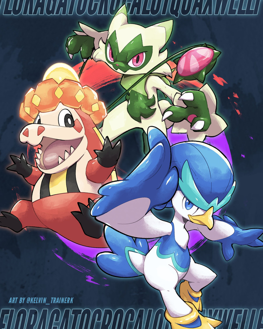 black_eyes blue_eyes bright_pupils character_name claws closed_mouth commentary crocalor floragato gen_9_pokemon highres kelvin-trainerk nintendo open_mouth pink_eyes pokemon pokemon_(creature) pokemon_focus quaxwell teeth tongue twitter_username