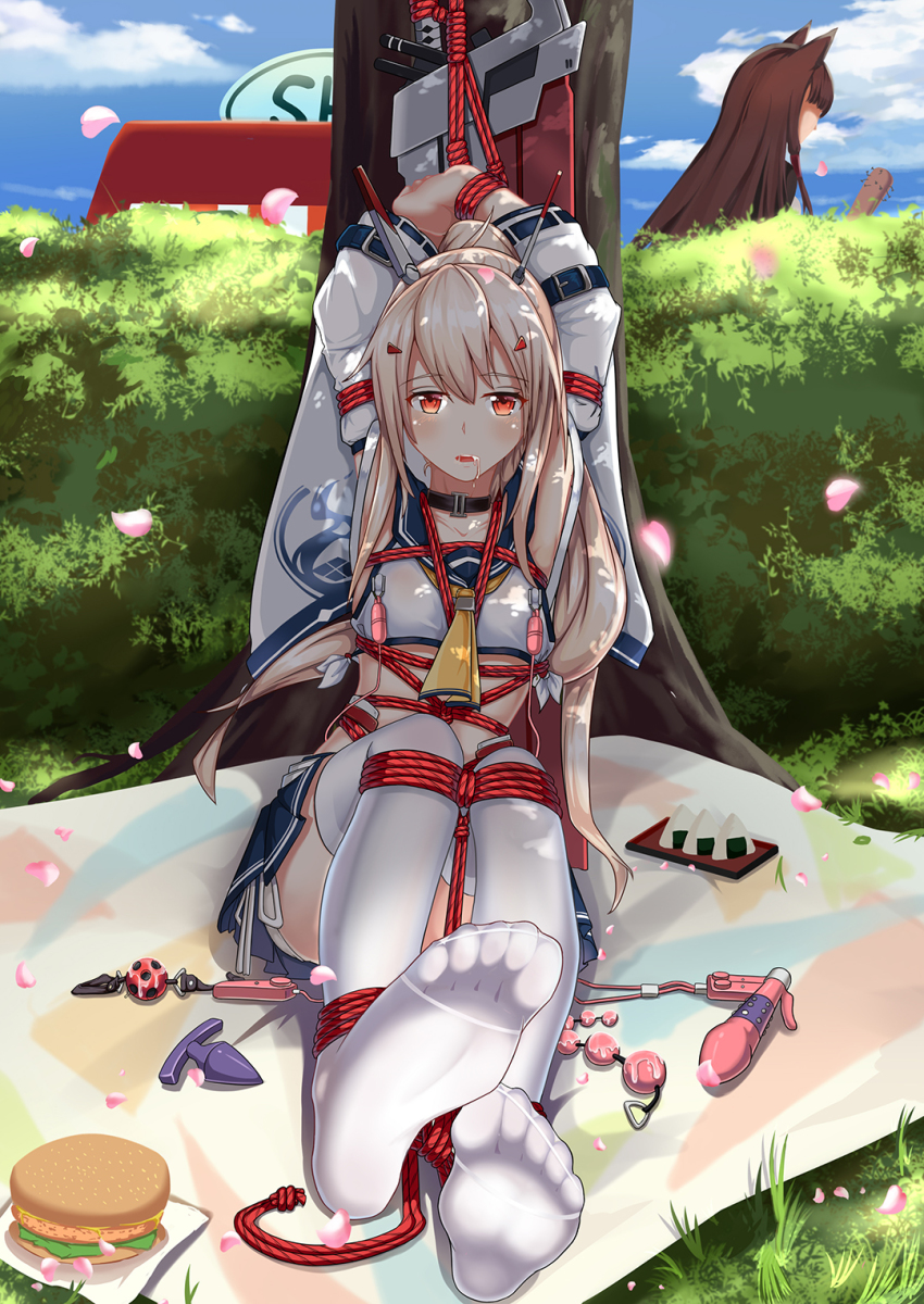 2girls akagi_(azur_lane) anal_beads armpits arms_up anal_fluid ayanami_(azur_lane) ayanami_(retrofit)_(azur_lane) azur_lane ball_gag bare_shoulders baseball_bat bdsm blonde_hair blush bondage bound breasts burger butt_plug choker collarbone day dildo drooling egg_vibrator feet food gag hair_between_eyes hair_ornament headgear highres holding holding_baseball_bat light_brown_hair long_hair looking_at_viewer medium_breasts miniskirt multiple_girls nail nail_(hardware) nail_bat nipple_clamps onigiri open_mouth outdoors panties petals pleated_skirt ponytail pussy_juice red_eyes remote_control_vibrator sailor_collar school_uniform serafuku sex_toy shibari shibari_over_clothes shirt side-tie_panties sitting skirt soles solo_focus sword thighhighs toes underwear unworn_gag vibrator weapon white_legwear white_panties white_shirt wiffle_gag yiduan_zhu