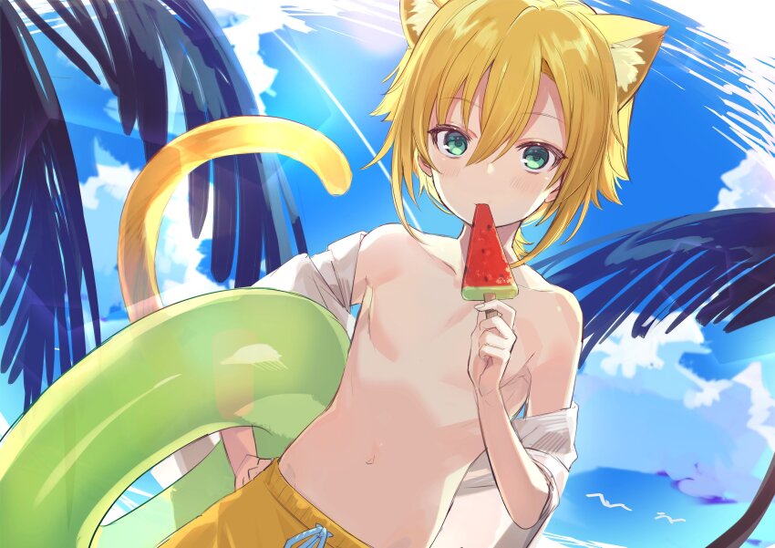 1boy animal_ear_fluff animal_ears beach blonde_hair blue_sky cat_boy cat_ears cat_tail cloud collarbone day eating food food_in_mouth fruit fuubuu green_eyes hair_between_eyes hand_on_own_hip highres holding holding_food holding_popsicle holding_swim_ring innertube kemonomimi_mode looking_at_viewer male_focus male_swimwear navel nijisanji off_shoulder open_clothes open_shirt outdoors palm_tree popsicle popsicle_in_mouth shirt short_hair sky solo swim_ring swim_trunks swimsuit tail topless_male tree uzuki_kou virtual_youtuber watermelon watermelon_slice white_shirt