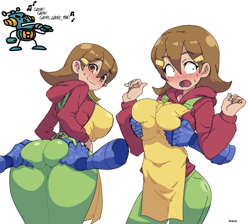 5-volt alternate_body_size alternate_breast_size apron ass blush breasts brown_eyes cameltoe commentary cowboy_shot disembodied_hand dot_nose english_text from_behind fruithead grabbing_another&#039;s_ass grabbing_another&#039;s_breast grabbing_from_behind green_pants groping hair_between_eyes hair_ornament hairclip hand_up highres hood hood_down hoodie large_breasts long_sleeves looking_back mature_female medium_hair mike_(warioware) multiple_views nintendo open_mouth pants red_hoodie simple_background smile standing straight_hair surprised twitter_username warioware white_background yellow_apron