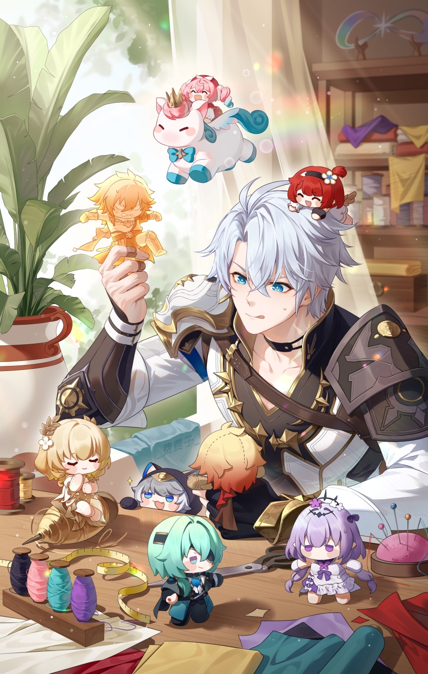 3boys 6+girls :p absurdres aglaea_(honkai:_star_rail) anaxa_(honkai:_star_rail) animal_ears antenna_hair aqua_eyes aqua_hair armor black_choker black_shirt blonde_hair blue_eyes braid castorice_(honkai:_star_rail) cat_ears cat_girl chibi chinese_commentary choker cipher_(honkai:_star_rail) coat commentary_request dress eyepatch gradient_hair hair_between_eyes highres holding_chibi honkai:_star_rail honkai_(series) hood hood_up hyacine_(honkai:_star_rail) laurel_crown little_ica_(honkai:_star_rail) medium_hair multicolored_hair multiple_boys multiple_girls mydei_(honkai:_star_rail) neck_tattoo o8622 parted_bangs pauldrons phainon_(honkai:_star_rail) pink_hair plant potted_plant purple_eyes purple_hair red_hair shirt short_hair shoulder_armor side_braid single_pauldron stomping sun_symbol sun_tattoo sunlight tan tattoo thread tongue tongue_out tribbie_(honkai:_star_rail) white_coat white_dress white_hair window
