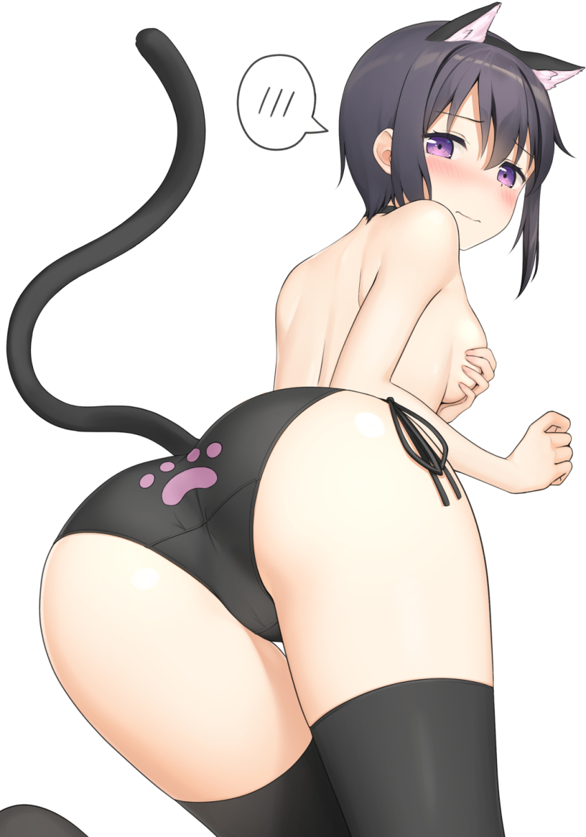1girl animal_ears apollo_(hu_maple) ass back-print_panties bent_over black_choker black_hair black_thighhighs blush breasts cat_ears cat_lingerie cat_tail choker closed_mouth commentary crotch_seam from_behind frown grabbing_own_breast half-closed_eyes highres leaning_forward looking_at_viewer looking_back meme_attire original panties paw_print print_panties purple_eyes short_hair side-tie_panties simple_background solo spoken_blush standing tail thigh_gap thighhighs topless_female underwear underwear_only white_background
