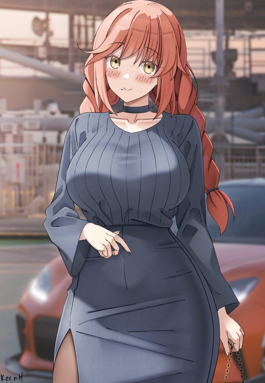 1girl arai_sakura_(rc_f) artist_name black_skirt blush borrowed_character braid breasts brown_eyes car casual closed_mouth collarbone highres holding keenh large_breasts leather leather_skirt long_hair looking_at_viewer mole mole_under_mouth motor_vehicle orange_car original pencil_skirt red_hair skirt smile solo toyota_86 twin_braids