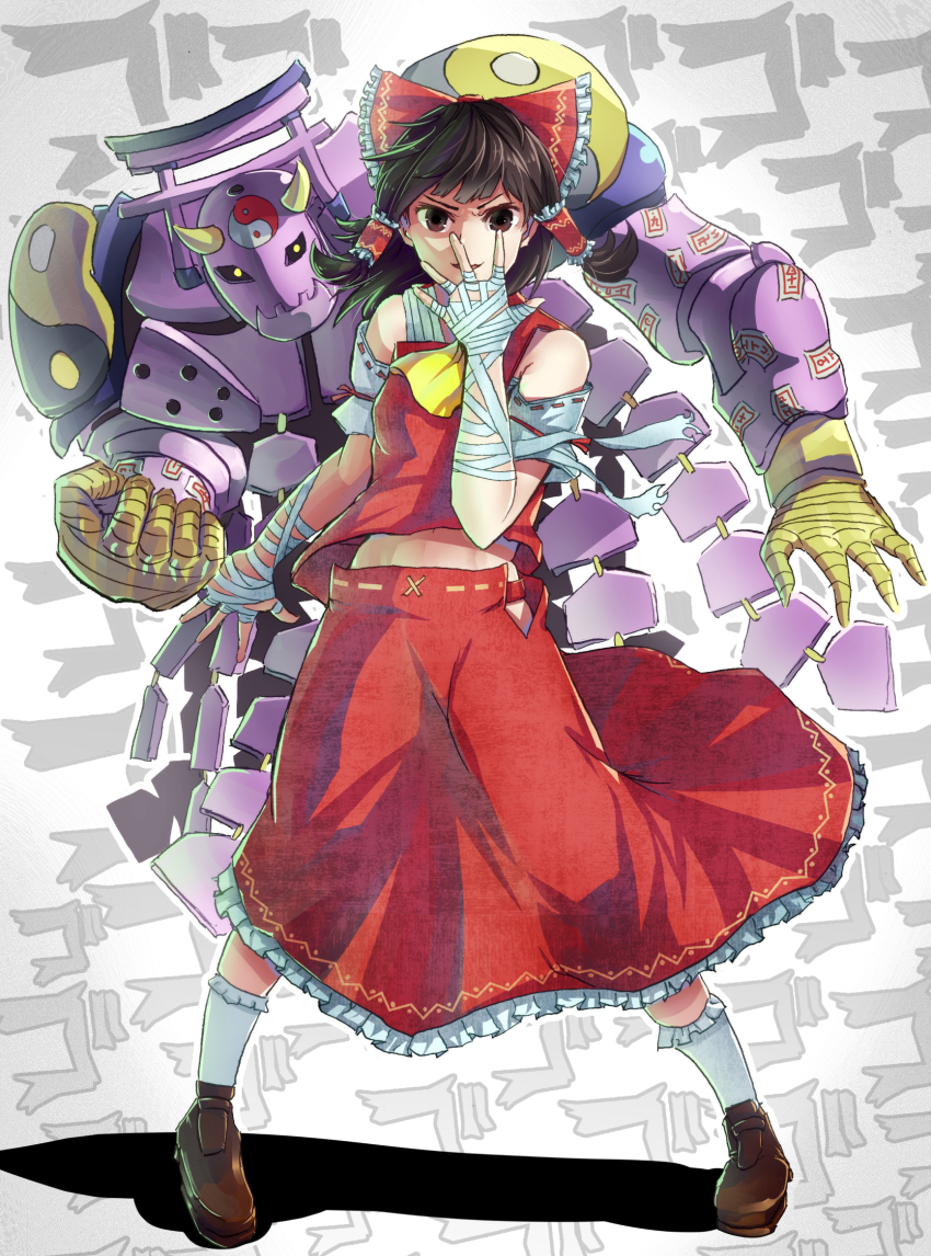 1girl ascot bad_id bad_pixiv_id bandaged_arm bandages black_hair bow brown_eyes crossover frills full_body gunjin_(aguran) hair_bow hair_tubes hakurei_reimu highres jojo_no_kimyou_na_bouken jojo_pose open_mouth parody shoes smile socks stand_(jojo) steel_ball_run touhou tusk_(stand) tusk_act4 yin_yang