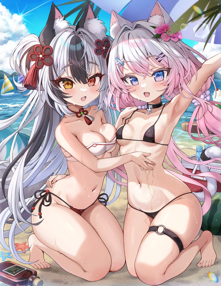 2girls abeli absurdres animal_ears arm_up armpits bare_arms bare_shoulders barefoot beach bikini black_bikini black_choker black_hair blue_eyes breasts cat_ears cat_tail choker cleavage commentary_request commission cross cross_choker day fang gradient_hair hair_ornament hair_scrunchie hairclip hand_on_another&#039;s_waist heterochromia highres kneeling konana_(artmug) korean_commentary long_hair looking_at_viewer low_twintails mixed-language_commentary multicolored_hair multiple_girls navel one_side_up open_mouth original outdoors pink_hair red_eyes scrunchie second-party_source side-tie_bikini_bottom small_breasts smile split-color_hair stomach strap_gap string_bikini swimsuit tail thigh_strap thighs twintails two-tone_hair very_long_hair wet white_bikini white_hair yellow_eyes
