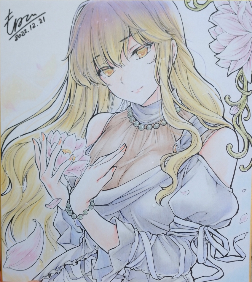 1girl absurdres alternate_costume bead_bracelet bead_necklace beads blonde_hair bracelet breasts cleavage closed_mouth commentary_request dated dress falling_petals flower flower_request gradient_hair highres hijiri_byakuren jewelry long_hair long_sleeves monety multicolored_hair necklace petals pink_flower pink_petals purple_hair shikishi signature smile solo touhou traditional_media very_long_hair white_dress yellow_eyes