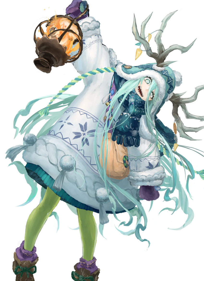 1girl absurdres antler_ornament antlers antlers_through_headwear beanie blue_hat blue_scarf earflap_beanie fate/grand_order fate_(series) fujigaya_seizo green_eyes hair_between_eyes hat highres holding holding_lantern horns lantern long_hair long_sleeves looking_at_viewer louhi_(fate) louhi_(second_ascension)_(fate) mittens open_mouth pantyhose pom_pom_(clothes) pom_pom_beanie purple_mittens scarf sharp_teeth smile solo sweater teeth very_long_hair white_eyes white_sweater woollen_cap yellow_pantyhose