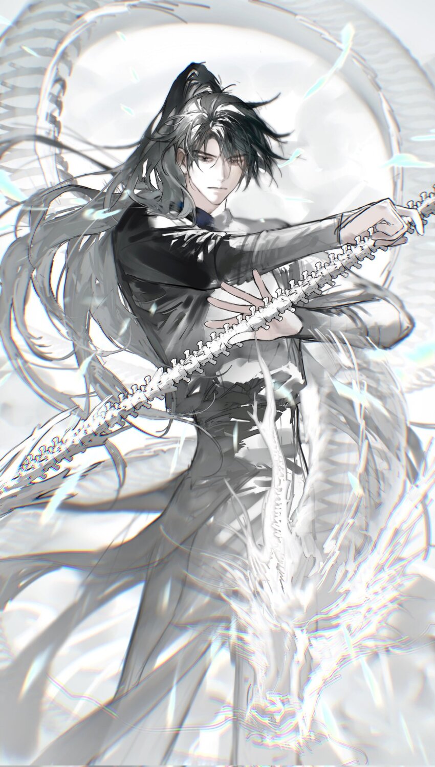 1boy black_eyes black_hair black_hanfu black_pants bone_weapon cheng_qian chinese_clothes chromatic_aberration closed_mouth corrupted_twitter_file cowboy_shot dragon eastern_dragon hanfu high_ponytail highres holding holding_sword holding_weapon lezi_ren_(nnniaas_77) liu_yao long_hair long_sleeves looking_at_viewer male_focus pants ponytail solo standing sword weapon white_background zhijupao