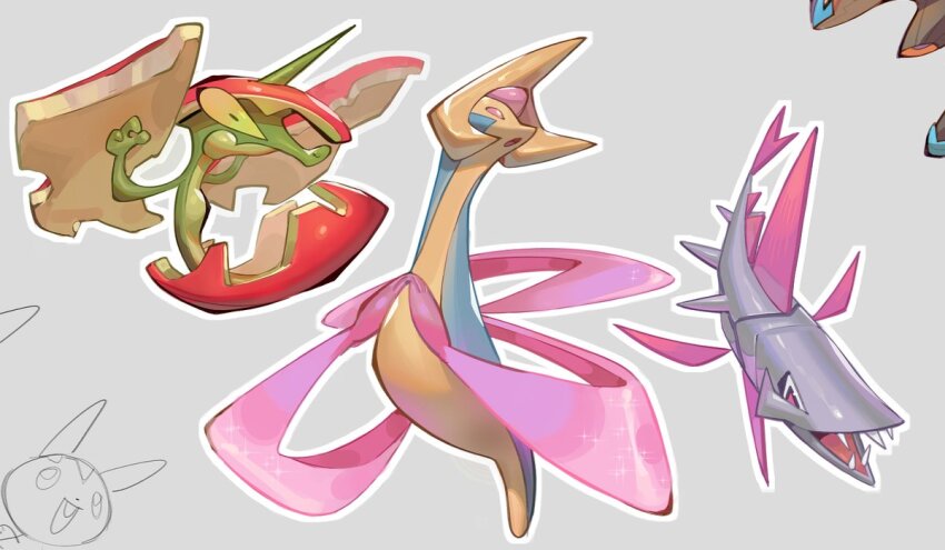 :o bright_pupils closed_mouth commentary cresselia eskey_09 fish flapple gen_4_pokemon gen_8_pokemon grey_background legendary_pokemon nintendo no_humans open_mouth outline pokemon pokemon_(creature) purple_eyes simple_background teeth tongue veluza white_pupils