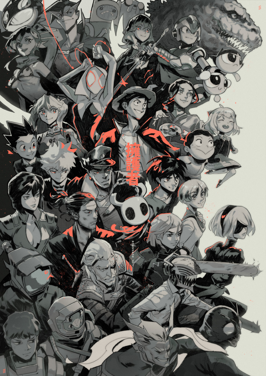 2b_(nier:automata) 6+boys 6+girls :&gt; adventure_time all_might amuro_ray anya_(spy_x_family) armor atlus avatar:_the_last_airbender avatar_legends blindfold bojji boku_no_hero_academia bubbles_(ppg) buttercup_(ppg) female_byleth_(fire_emblem) canti capcom cape chainsaw chainsaw_man char&#039;s_counterattack character_request closed_mouth commander_shepard commander_shepard_(female) copyright_request crossover denji_(chainsaw_man) dress felipe_magana finn_the_human fire_emblem fire_emblem:_three_houses flcl flying geralt_of_rivia ghost_in_the_shell ghost_in_the_shell:_stand_alone_complex godzilla godzilla_(series) gon_freecss grey_theme greyscale grin gundam hat hatchling_(outer_wilds) helmet highres holding holding_sword holding_weapon hollow_knight hunter_x_hunter jake_the_dog jojo_no_kimyou_na_bouken kamina_(ttgl) kamina_shades kanzaki_hitomi katara killua_zoldyck knight_(hollow_knight) kusanagi_motoko kuujou_joutarou marvel mask mass_effect_(series) mass_effect_1 mecha_pilot_suit mega_man_(series) mega_man_x_(series) miyamoto_musashi_(vagabond) monkey_d._luffy monochrome morgana_(persona_5) multiple_boys multiple_crossover multiple_girls neon_genesis_evangelion nier:automata nier_(series) nintendo one_piece open_mouth ousama_ranking outer_wilds persona persona_5 plugsuit_(evangelion) powerpuff_girls sega smile souryuu_asuka_langley spider-gwen spider-man_(series) spiked_hair spy_x_family sword tengen_toppa_gurren_lagann tenkuu_no_escaflowne the_witcher_(series) the_witcher_3 vagabond van_fanel weapon x_(mega_man) yoko_littner