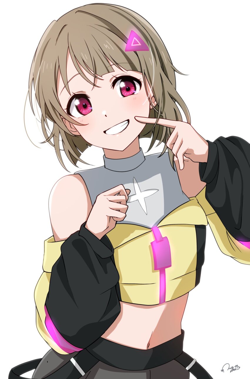 1girl commentary_request cropped_jacket finger_to_cheek go_our_way! grey_hair grey_shorts hair_ornament highres jacket looking_at_viewer love_live! love_live!_nijigasaki_high_school_idol_club midriff multicolored_jacket nakasu_kasumi navel nyako_(utaneko31) purple_eyes short_hair shorts signature smile solo swept_bangs triangle_hair_ornament white_background yellow_jacket