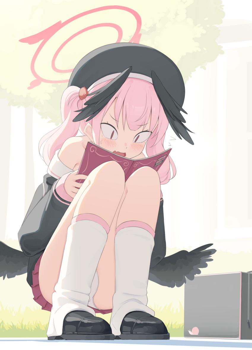 &lt;|&gt;_&lt;|&gt; 1girl absurdres bare_shoulders black_hat black_shirt black_shoes black_wings blue_archive book feathered_wings full_body halo hat head_wings highres holding holding_book koharu_(blue_archive) long_hair long_sleeves loose_socks low_wings miniskirt open_mouth panties pantyshot pink_eyes pink_hair pink_halo pink_skirt pleated_skirt pornography shirt shoes skirt slit_pupils socks solo squatting tenroy twintails underwear white_panties white_socks wings