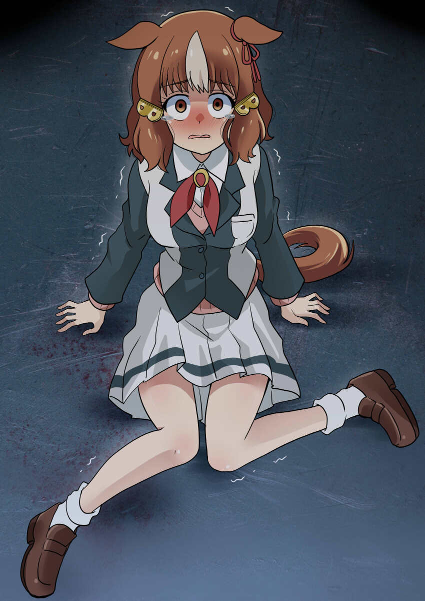 1girl absurdres animal_ears belno_light_(umamusume) black_jacket bow brown_hair brown_shoes commentary constricted_pupils dress_shirt ear_ribbon ears_down empty_eyes frown full_body hair_ornament highres horse_ears horse_girl horse_tail horseshoe_ornament jacket kasamatsu_tracen_school_uniform letter_hair_ornament loafers long_sleeves looking_at_viewer miniskirt multicolored_hair multicolored_jacket neck_ribbon on_ground open_mouth pink_sweater pleated_skirt red_ribbon ribbon scared school_uniform shirt shoes short_hair sitting skirt socks solo sweater tail tearing_up trembling two-tone_hair two-tone_jacket umamusume umamusume:_cinderella_gray wakku_kan wariza white_hair white_jacket white_shirt white_skirt white_socks wing_collar