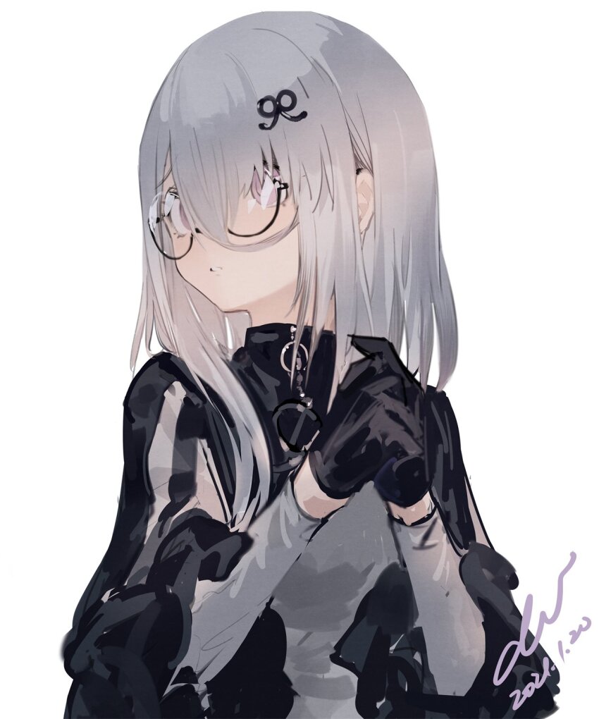 1girl asymmetrical_hair black-framed_eyewear black_gloves black_jacket character_request cropped_jacket dated eyelashes glasses gloves grey_hair hair_between_eyes hair_ornament hairclip highres jacket layered_sleeves long_hair long_sleeves looking_at_viewer mist_sequence o-ring own_hands_clasped own_hands_together parted_lips puffy_long_sleeves puffy_sleeves purple_eyes round_eyewear shirt signature simple_background single_sidelock solo teeth turtleneck turtleneck_jacket upper_body white_background white_shirt xiao_chichi zipper zipper_pull_tab
