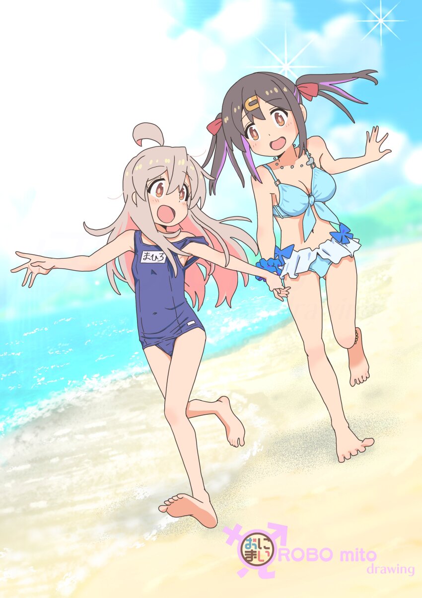 2girls :d absurdres ahoge artist_name bare_arms bare_legs bare_shoulders barefoot beach bikini bikini_skirt black_hair blue_bikini blue_one-piece_swimsuit blue_scrunchie blue_sky breasts cloud colored_inner_hair commentary copyright_name day front-tie_bikini_top front-tie_top full_body grey_hair hair_between_eyes hair_ornament hair_ribbon hairclip highres jewelry male-female_symbol medium_breasts multicolored_hair multiple_girls necklace old_school_swimsuit one-piece_swimsuit onii-chan_wa_oshimai! open_mouth outdoors oyama_mahiro oyama_mihari pink_hair purple_hair red_ribbon ribbon robomito running sand school_swimsuit scrunchie siblings sisters sky small_breasts smile strap_slip swimsuit twintails two-tone_hair water wrist_scrunchie