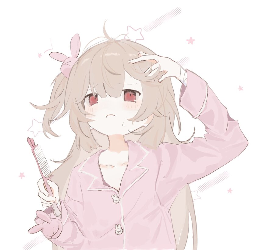 1girl ahoge alternate_costume arm_up bandaged_wrist bandages blush brown_hair collarbone collared_shirt comb commentary_request frown furrowed_brow hair_half_undone hair_ornament hand_in_own_hair hand_on_own_head hand_up highres holding holding_comb long_hair long_sleeves looking_up messy_hair natori_sana nemuri_oekaki one_side_up pajamas pink_pajamas rabbit-shaped_buttons rabbit_hair_ornament red_eyes sana_channel shirt solo star_(symbol) star_symbol_background sweatdrop upper_body virtual_youtuber white_background