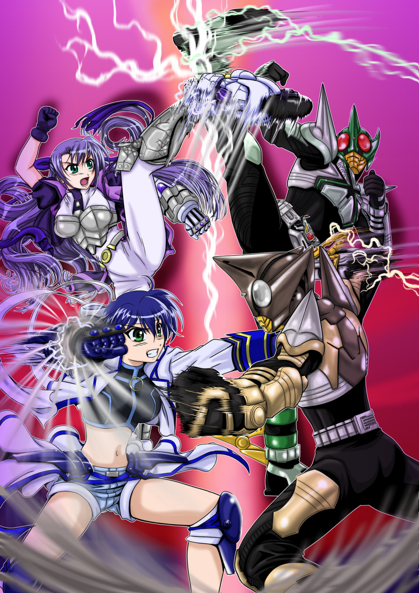 00s 2boys 2girls armor battle clash crossover epic fighting ginga_nakajima highres kamen_rider kamen_rider_kabuto kamen_rider_kick_hopper kamen_rider_punch_hopper kicking lyrical_nanoha mahou_shoujo_lyrical_nanoha mahou_shoujo_lyrical_nanoha_strikers multiple_boys multiple_girls punching subaru_nakajima tarisa waist_cape