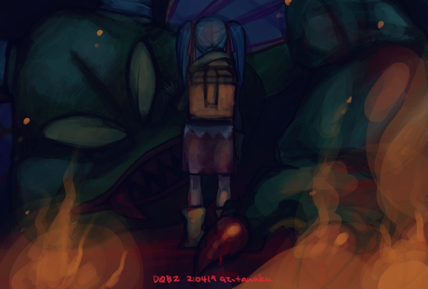 1boy 1girl backpack bag blood blue_hair boots claws commentary_request corpse dated dragon dragon_boy dragon_quest dragon_quest_builders_2 dress facing_away female_builder_(dqb2) fins fire from_behind full_body gloves green_scales hair_ribbon hand_on_another&#039;s_face head_fins highres horns hotaru1012 monster monster_boy neckerchief red_ribbon ribbon scene_reference sidoh spoilers twintails yellow_boots yellow_gloves yellow_neckerchief
