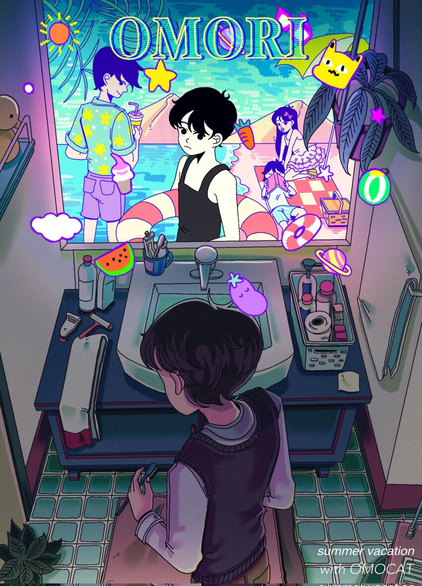 1girl 4boys alternate_costume alternate_sleeve_length aubrey_(headspace)_(omori) aubrey_(omori) bathroom big_yellow_cat_(omori) black_eyes black_hair black_sweater_vest checkered_blanket collared_shirt colored_skin copyright_name different_reflection hero_(headspace)_(omori) hero_(omori) hicc_12 highres kel_(headspace)_(omori) kel_(omori) long_sleeves looking_at_mirror male_swimwear mirror multiple_boys omori omori_(omori) picnic_basket picnic_blanket purple_eyes purple_hair reflection shirt short_hair sink sunny_(omori) sweater_vest swim_trunks topless_male white_shirt white_skin