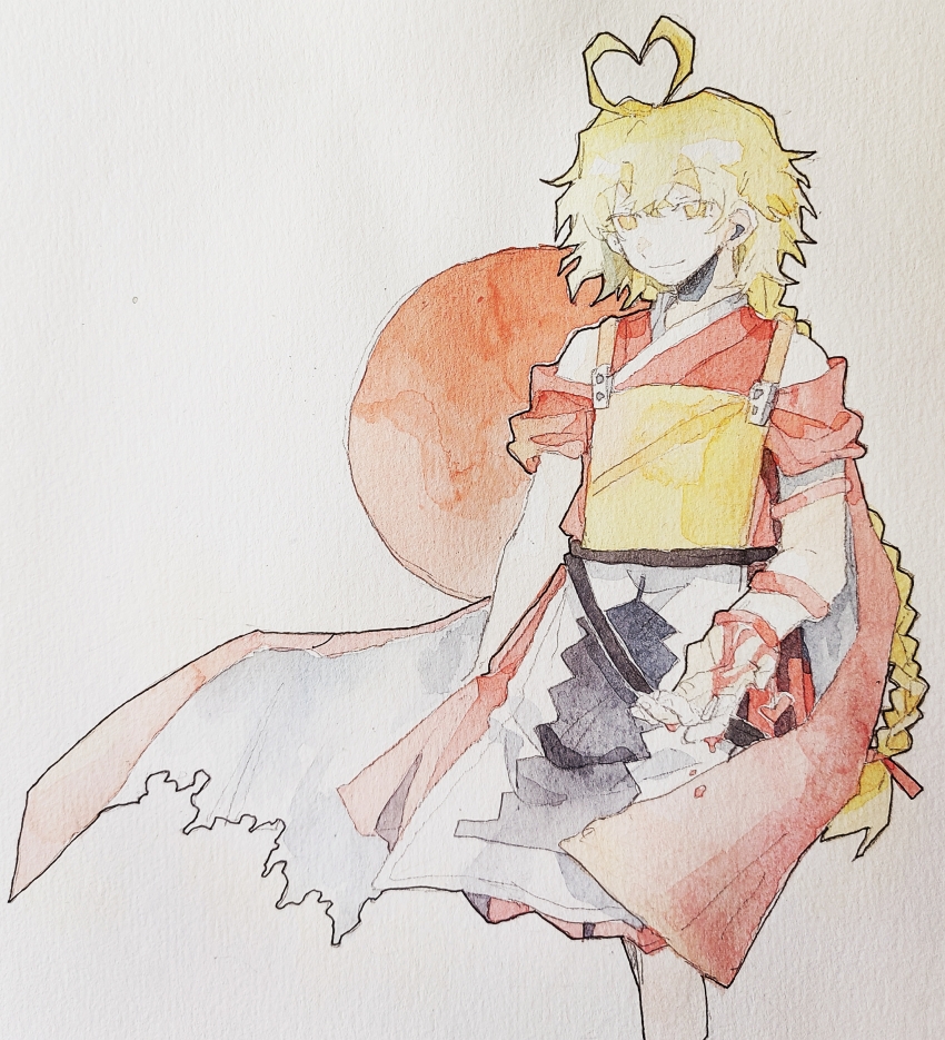 1other aaayamitsu absurdres androgynous antenna_hair belt black_belt blonde_hair blood blood_on_clothes bow braid cape chinese_commentary closed_mouth commentary_request hair_bow heart_antenna_hair highres japanese_clothes kimono len&#039;en long_hair ooama_no_ake_no_mitori other_focus painting_(medium) red_bow red_kimono sleeveless sleeveless_kimono smile torn_cape torn_clothes traditional_media twin_braids two-sided_cape two-sided_fabric watercolor_(medium) yellow_eyes
