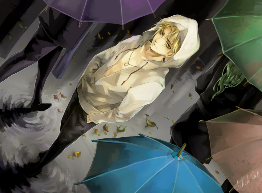 1boy blonde_hair formal_clothes giancarlo_bourbon_del_monte green_hair hood hoodie jewelry long_hair lucky_dog_1 male_focus naked_cat necklace solo suit umbrella yellow_eyes
