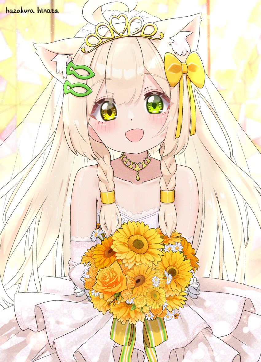 1girl :d ahoge animal_ear_fluff animal_ears artist_name blush bouquet bow braid cat_ears cat_girl collarbone commentary_request cowboy_shot dress elbow_gloves fish_hair_ornament flower gloves green_eyes hair_bow hair_ornament hazakura_hinata heterochromia highres holding holding_bouquet kurumi_(hazakura_hinata) looking_at_viewer open_mouth original smile solo translation_request twin_braids wedding_dress white_dress white_gloves yellow_bow yellow_eyes yellow_flower