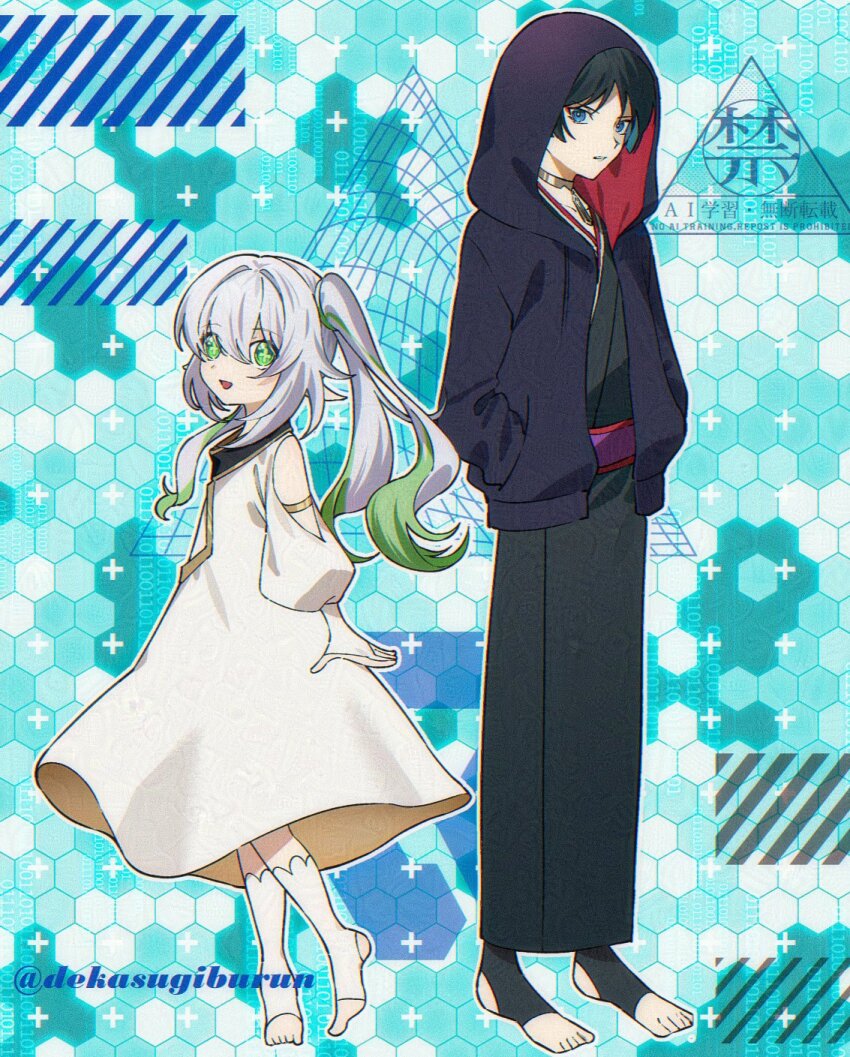 1boy 1girl adapted_costume aqua_hair arm_at_side arm_cutout armlet black_hair black_jacket black_kimono black_sleeves black_socks blue_eyes blunt_ends bridal_gauntlets casual cleavage_cutout clothing_cutout collarbone colored_inner_hair contemporary cross-shaped_pupils dekasugiburun dress eyelashes eyeliner eyeshadow full_body genshin_impact gold green_eyes green_hair green_pupils hair_between_eyes han&#039;eri hands_in_pockets height_difference highres honeycomb_(pattern) honeycomb_background hood hooded_jacket jacket japanese_clothes jewelry kimono long_hair long_sleeves looking_at_viewer makeup multicolored_hair nahida_(genshin_impact) neck_ring open_clothes open_jacket open_mouth pointy_ears red_eyeliner red_eyeshadow red_kimono scaramouche_(genshin_impact) side_ponytail sidelocks socks standing stirrup_footwear streaked_hair symbol-shaped_pupils toes twitter_username watermark white_bridal_gauntlets white_dress white_hair white_sleeves white_socks white_trim