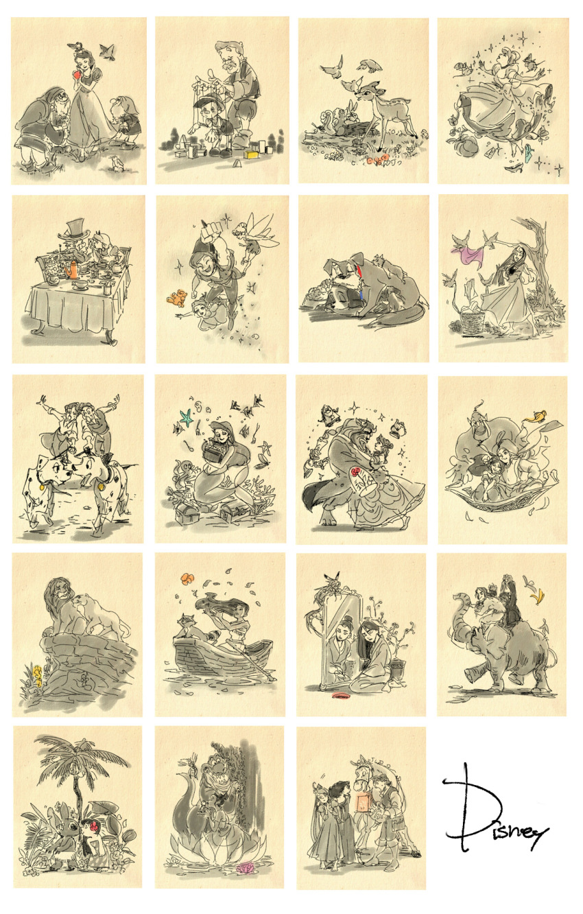 101_dalmatians 6+boys 6+girls aladdin_(disney) aladdin_(movie) alice_(alice_in_wonderland) alice_in_wonderland anita_radcliffe apple ariel_(disney) bambi bambi_(deer) beauty_and_the_beast belle_(disney) bird boat cinderella cogsworth company_connection cup disney doc dog dress dwarf elephant fa_mulan_(disney) flynn_rider food fruit genie_(aladdin) geppetto highres horse jasmine_(disney) kiss lady_(disney) lady_and_the_tramp lilo lilo_&amp;_stitch lion lumiere_(kiddy_grade) mad_hatter_(alice_in_wonderland) magic_carpet masso meeko_(disney) mermaid mirror monochrome monster_boy monster_girl mother_gothel mrs._potts mulan_(movie) multiple_boys multiple_girls mushu nala palm_tree perdita peter_pan peter_pan_(character) pinocchio pocahontas_(disney) pocahontas_(movie) pongo prince prince_adam rabbit rapunzel_(disney) reflection roger_radcliffe saucer simba sleeping_beauty snow_white_(disney) snow_white_(fairy_tale) snow_white_and_the_seven_dwarfs spot_color stitched tangled tantor tarzan teacup the_lion_king the_little_mermaid_(disney) the_princess_and_the_frog third-party_edit thumper tinker_bell_(disney) tramp_(disney) tree walt_disney&#039;s_peter_pan watercraft wendy_darling