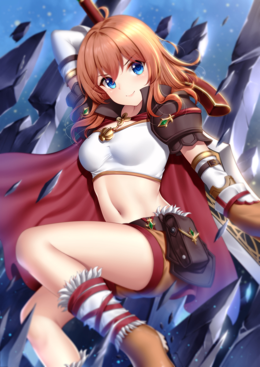 1girl ahoge arm_up bad_id bad_twitter_id belt belt_pouch blue_eyes boots breasts brown_boots brown_shorts cape crop_top highres holding holding_sword holding_weapon long_hair looking_at_viewer medium_breasts midriff muimi_(princess_connect!) navel orange_hair pouch princess_connect! shirt short_shorts short_sleeves shorts smile solo stomach sword thighs v-shaped_eyebrows weapon white_shirt wsman