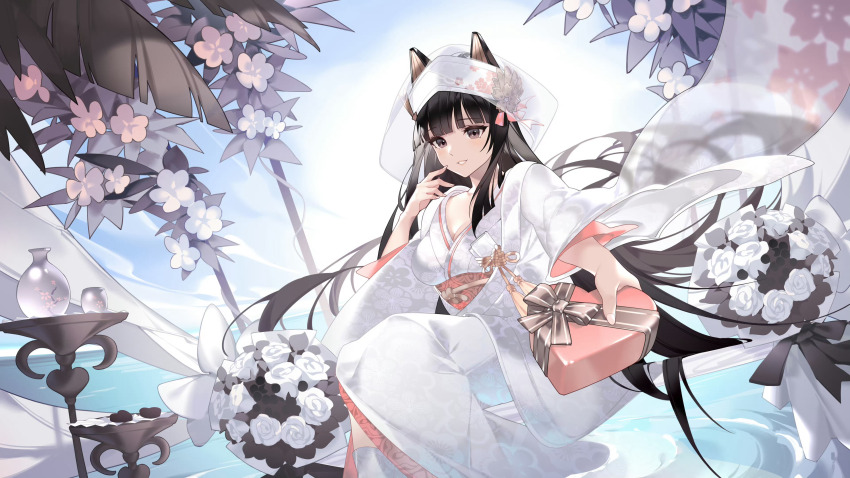 1girl absurdres akagi_(warship_girls_r) alternate_costume animal_ears black_hair bouquet box chichengde_haotidu_afusang flower gift gift_box hair_flower hair_ornament highres holding holding_bouquet hood japanese_clothes kimono long_hair looking_at_viewer official_alternate_costume sitting solo uchikake very_long_hair warship_girls_r wataboushi watermark weibo_watermark white_kimono wide_sleeves