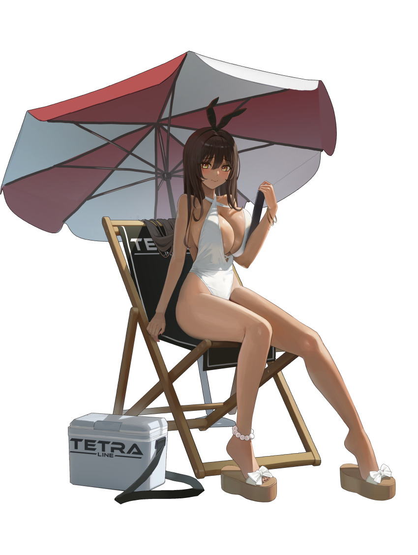 1girl absurdres animal_ears anklet arm_support bare_shoulders beach_umbrella bracelet breast_press breasts brown_hair chair cleavage closed_mouth cooler dark-skinned_female dark_skin deck_chair fake_animal_ears folding_chair goddess_of_victory:_nikke hair_between_eyes hallo_(rltkdydrltk) halterneck highres holding holding_tablet_pc jewelry large_breasts long_hair looking_at_viewer noir_(nikke) one-piece_swimsuit platform_sandals rabbit_ears sandals sitting smile solo swimsuit tablet_pc umbrella very_long_hair white_background white_one-piece_swimsuit yellow_eyes