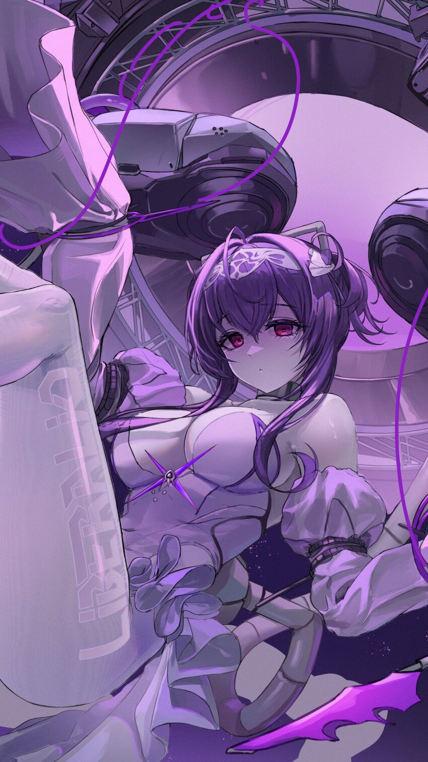 1girl absurdres breasts cleavage collarbone colored_skin detached_sleeves disgustingtokki frills goddess_of_victory:_nikke headband highres leotard liberalio_(nikke) pantyhose purple_eyes purple_hair purple_leotard purple_skin solo tube very_long_sleeves white_pantyhose