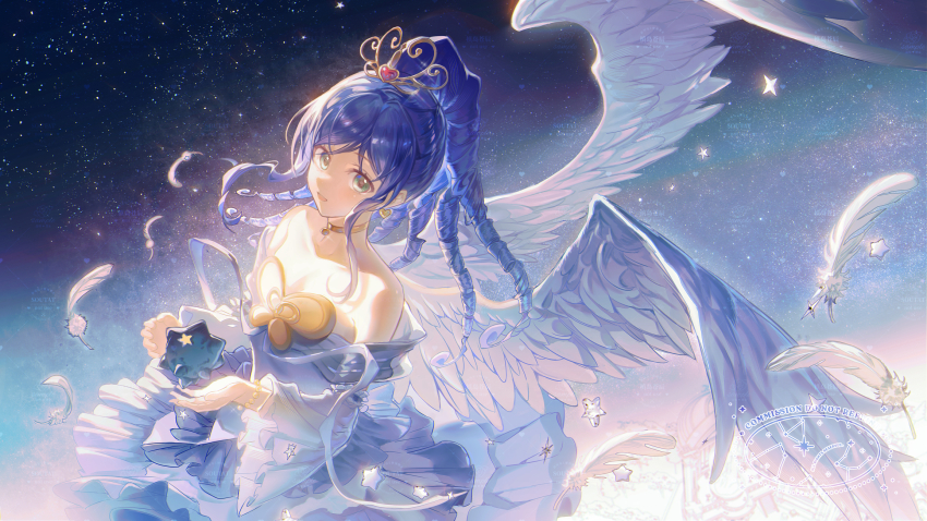 1girl aged_up angel_wings bead_bracelet beads blue_dress blue_eyes blue_hair bracelet breasts butterfly_brooch cangchen chinese_commentary cleavage commentary_request commission cowboy_shot dress drill_hair earrings eyelashes feathered_wings feathers frilled_sleeves frills fushigiboshi_no_futago_hime gold_choker gold_earrings gold_tiara gown happy hat_ornament heart heart_earrings heart_hat_ornament high_ponytail highres jewelry long_dress long_hair long_sleeves magical_girl object_floating_above_hand off-shoulder_dress off_shoulder open_mouth ponytail princess rein_(futagohime) rein_(grand_universal_princess)_(futagohime) sample_watermark sidelocks smile solo space star_(symbol) teeth tiara upper_teeth_only very_long_hair watermark white_wings wings