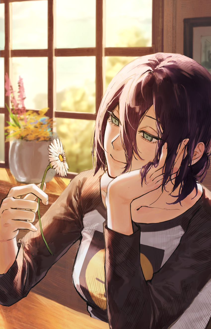 1girl absurdres black_shirt chainsaw_man closed_mouth flower green_eyes hair_between_eyes hair_flower hair_ornament hand_on_own_cheek hand_on_own_face highres indoors kani_(ympe4782) medium_hair multicolored_shirt purple_hair reze_(chainsaw_man) shirt solo white_flower white_shirt window