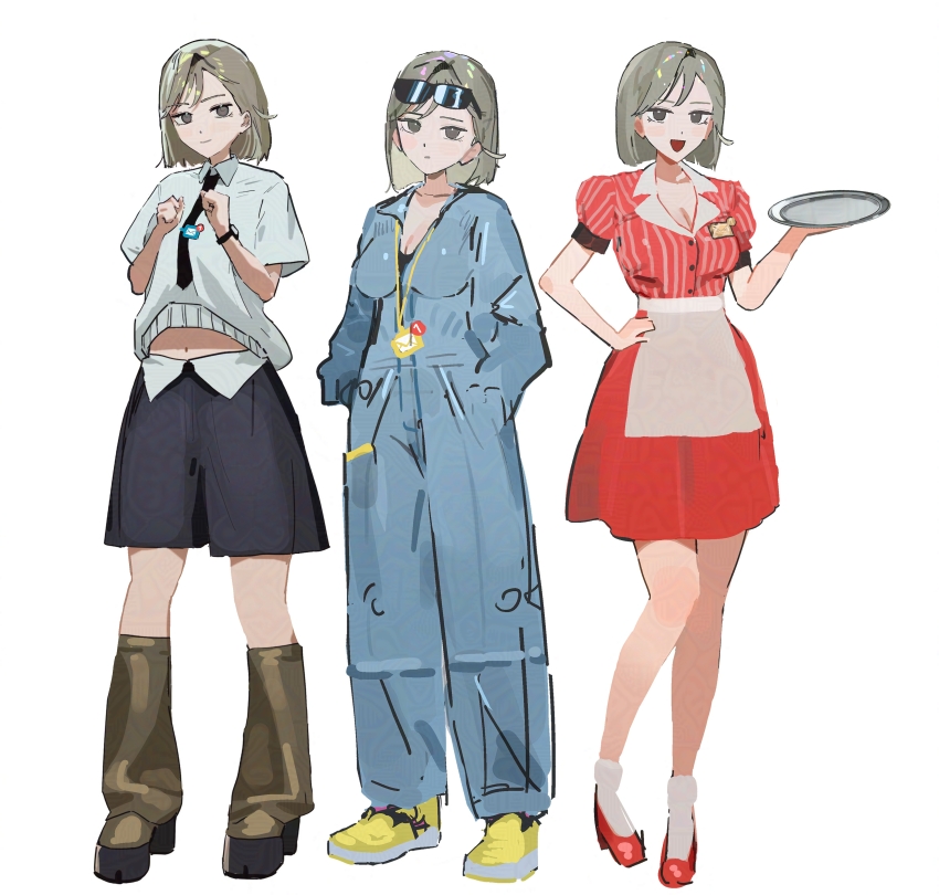 1girl :d :| absurdres adversarial_noise black_necktie black_shorts blue_jumpsuit blunt_ends boots breasts brown_boots cleavage closed_mouth collared_shirt envelope envelope_ornament eyewear_on_head full_body grey_eyes grey_hair hand_on_own_hip hands_up high_heels highres holding holding_tray jumpsuit lapels looking_at_viewer medium_breasts meiru_(yu_ni_taro) midriff_peek multiple_views navel necktie notched_lapels open_mouth original parted_bangs puffy_short_sleeves puffy_sleeves red_shirt red_skirt shirt shoes short_hair short_sleeves shorts skirt smile standing striped_clothes striped_shirt sunglasses tray vertical-striped_clothes vertical-striped_shirt waitress white_background white_shirt yellow_shoes yu_ni_taro