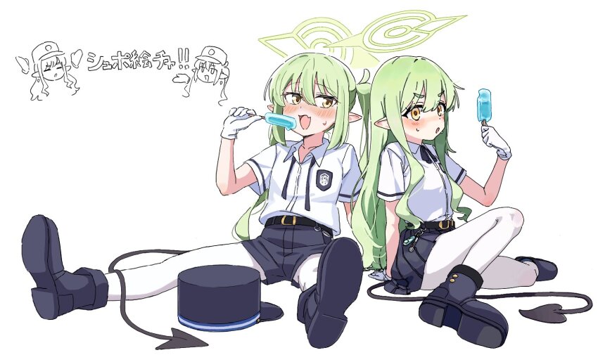 2girls :d artist_collaboration bare_arms belt black_boots black_ribbon black_shorts black_skirt blue_archive blush boots commentary_request demon_tail fang food gloves green_hair green_halo hair_between_eyes halo hat highres hikari_(blue_archive) long_hair looking_at_viewer multiple_girls neck_ribbon nozomi_(blue_archive) nuurise2023 open_mouth pantyhose pantyhose_under_shorts pointy_ears popsicle ribbon shirt short_shorts short_sleeves shorts simple_background sitting skin_fang skirt smile tail twintails undone_neck_ribbon unworn_hat unworn_headwear very_long_hair white_background white_gloves white_pantyhose white_shirt yellow_eyes yoku_soy