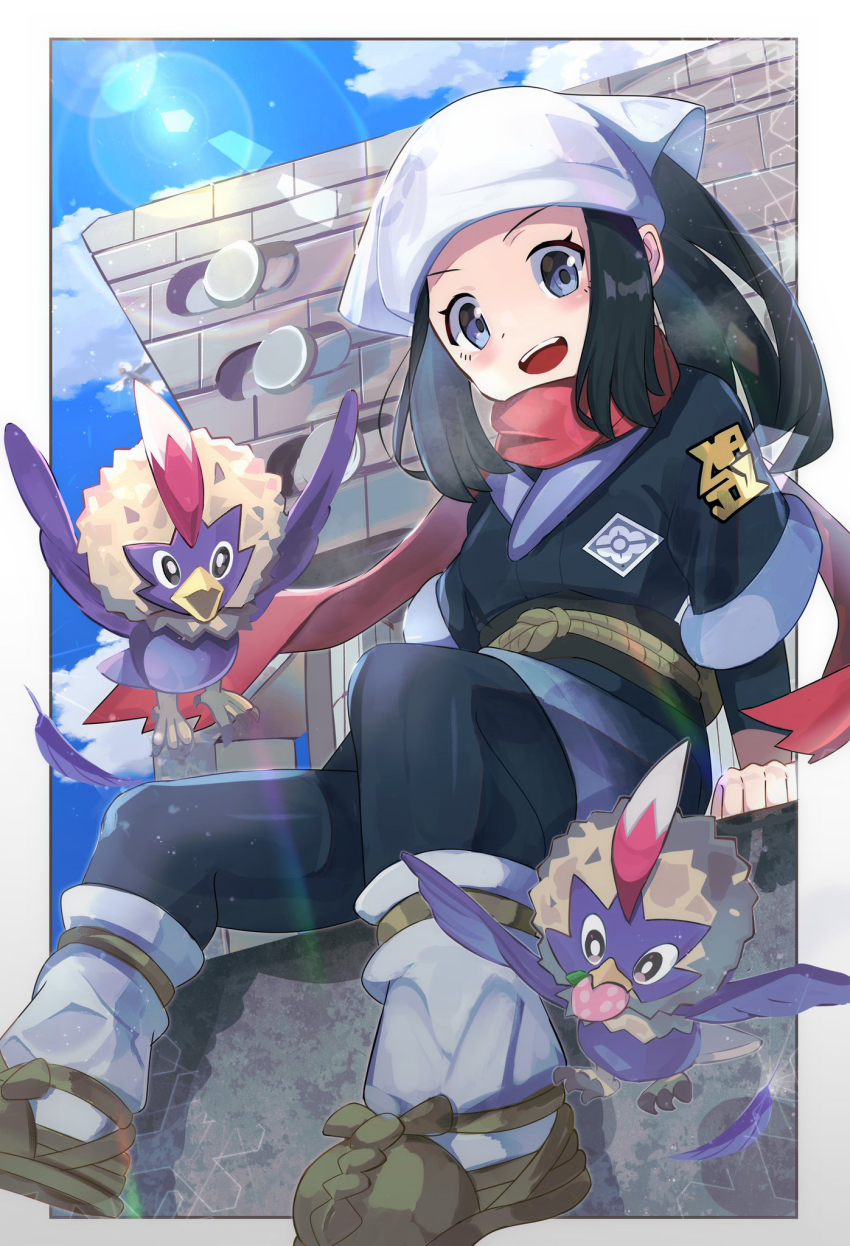 1girl :d akari_(pokemon) black_hair blush border cloud commentary_request day eyelashes gen_5_pokemon grey_eyes headscarf highres jacket lens_flare long_hair loose_socks nintendo open_mouth outdoors pantyhose pokemon pokemon_(creature) pokemon_legends:_arceus ponytail red_scarf rufflet scarf shirt shoes sidelocks sitting skirt sky smile socks teeth tongue umiru upper_teeth_only white_border white_headscarf white_headwear