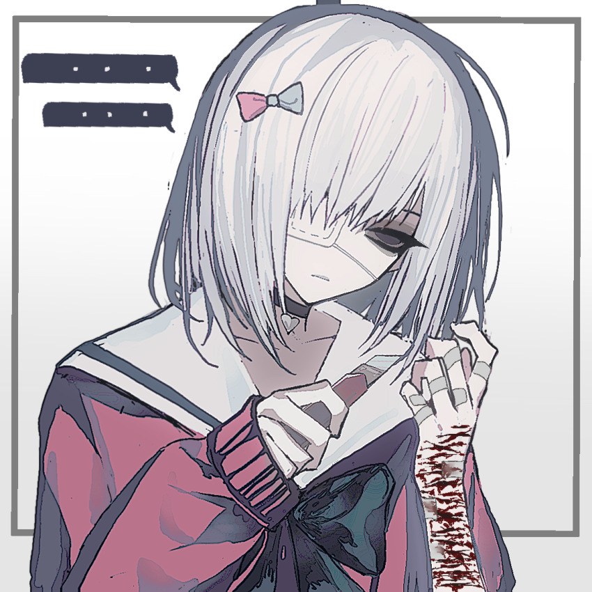 ... 1girl amagai_kosame bandaid bandaid_on_finger bleeding blood blood_on_arm bow boxcutter chinese_commentary choker commentary_request cuts empty_eyes eyepatch grey_eyes hair_bow hair_over_one_eye half-closed_eyes hands_up holding holding_boxcutter injury long_sleeves mahou_shoujo_site medical_eyepatch sailor_collar self-harm short_hair solo spoken_ellipsis too_many_bandaids upper_body upturned_eyes white_hair white_sailor_collar wrist_cutting xiang_chi_niurou_gaifan